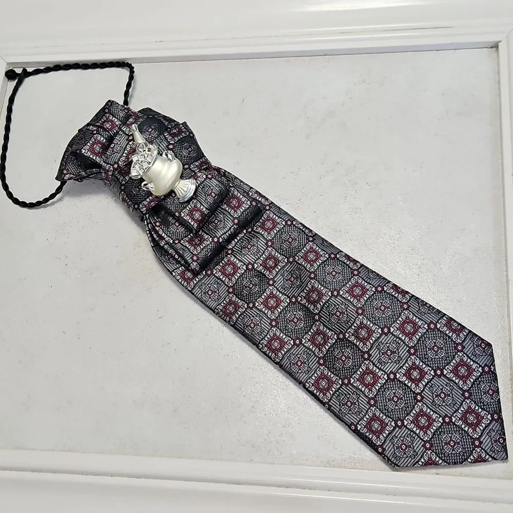 Jos A Bank Silk Gray & Red Patterned Statement Tie Necklace With Silver Tone Pin